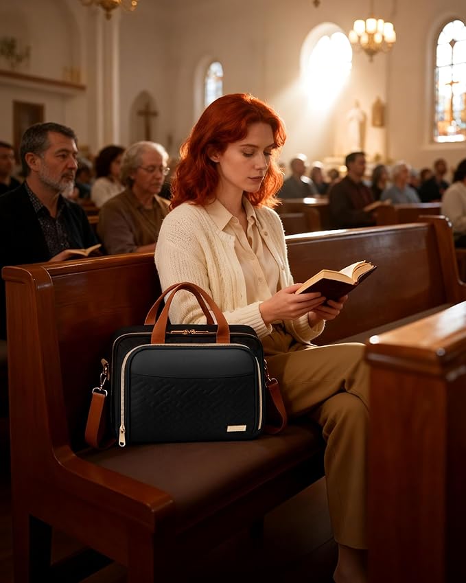 HOTOR Bible Cover - Multi-Pocket Bible Bag for Women Organizer with Bookmark, Portable Bible Case with Handles & Adjustable Shoulder Strap, Useful Gift for Work, Commute, 13.4'' x 4.7'' x 9.8'', Black