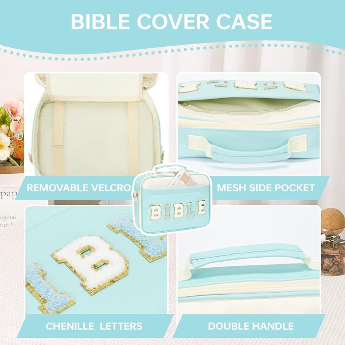 Bible Cover Case for Women Bible Study Supplies Bible Journaling Kit Large Preppy Chenille Letter Bible Tote Bag Carrying Case Christian Gifts for Girls (Blue, Large)