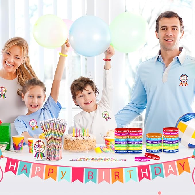 Birthday Pencils Set: 24 Happy Birthday Pencils, 24 Rubber Wristbands, 200 Badge Stickers - Multicolor, Unisex - 248 Pieces