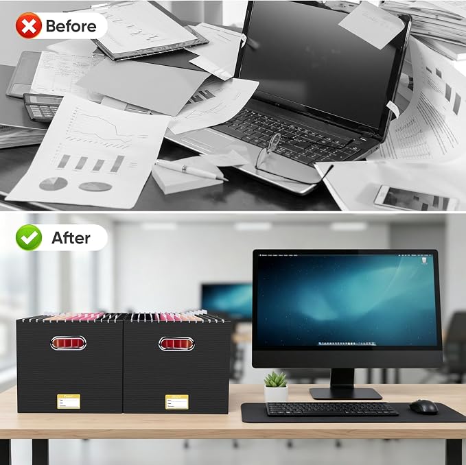 BALEINE File Organizer Box, Cardboard File Folder Organizer with Handle for Letter Size, Portable Collapsible Hanging Filing Box for Home Office Document Storage (2 Pack, Large Black)