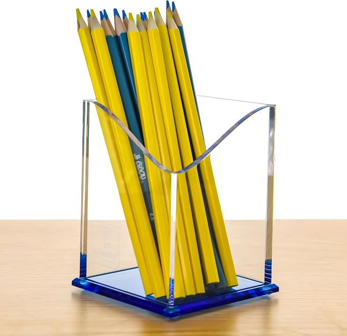Blue Acrylic Pencil Pen Holder Cup, Desk Accessories Holder,Makeup Brush Storage Organizer, Modern Design Desktop Stationery Organizer for Office School Home Supplies, 3.1x 3.1x 4.3 inch