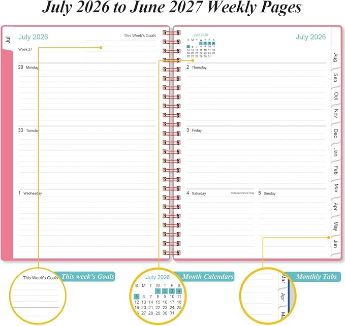 Planner 2026-2027 - A5 Weekly & Monthly Planner Spiral Bound, July 2026 - June 2027, with Flexible Cover, Tabs, Inner Pocket, 6.4" x 8.5", Pink