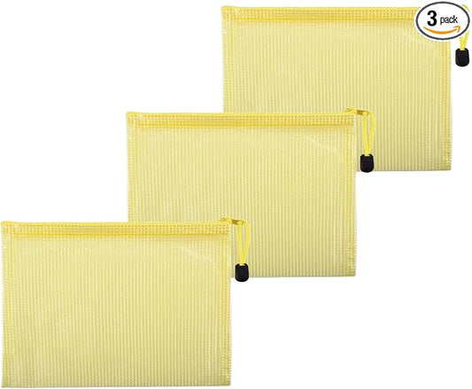 3 Pcs 5.31" x 7.68" B6 Sizes Mesh Zipper Pouch Bags, Mesh Bags with Zipper，Waterproof Clear document pouch for Organization Puzzles Travel, Office, Classroom Organization, B6 Yellow