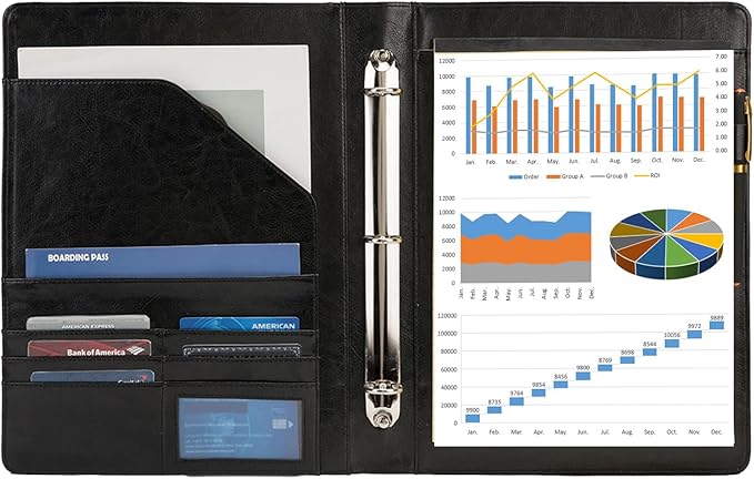 Vegan Leather 3 Ring Binder, 8.5 x 11 Letter Size Folio with Pen Holder, Soft Notebook Portfolio Cover, Slim Notepad Padfolio Thin File Organizer for Work Executive Meeting, Black