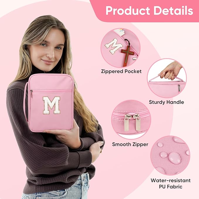 Bible Covers for Girls, Fruobeyla Pink Bible Cases for Woman PU Leather Bibles Carrying Case for Women, Large Bibles Tote Bags with Handle and Zippered Pocket for Kids, Pink (Letter M)