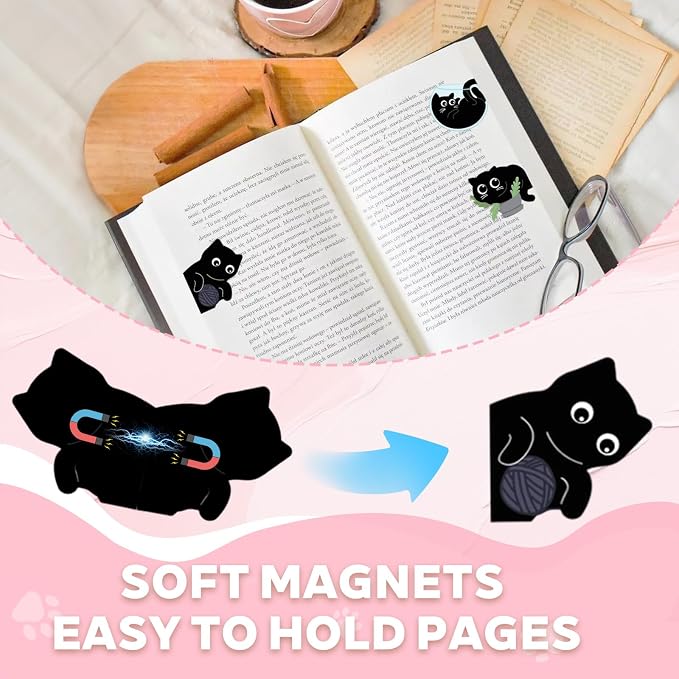 TenKa 10 Pcs Magnetic Bookmarks Cute Black Cat Bookmarks, Bookish Gifts for Book Lovers Women Readers, Kawaii Magnet Book Markers Reading Accessories Cat Themed Gifts for Teachers