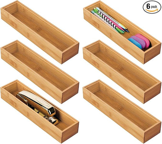 mDesign Slim Wooden Bamboo Drawer Organizer for Office - 12" Long Stackable Storage Box Tray for Desk Drawers/Cabinet - Junk Drawer and Accessories Organization - Echo Collection, 6 Pack, Natural Wood