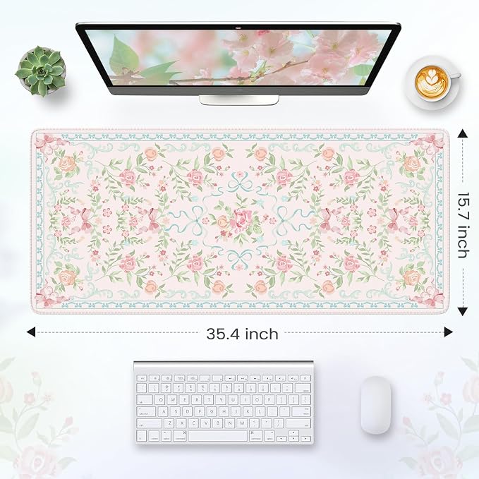 HAOCOO Blue Floral Keyboard Pad, 35.4" x 15.7" Large Mouse Pad for Desk, Non-Slip Waterproof Keyboard Mat, Cute Girly Desktop Mat for Office & Home Decor, Computer Desk Accessories with Stitched Edges