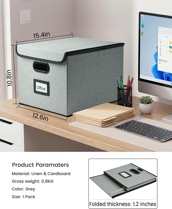 Qerlei File Organizer Boxes with Lids,Collapsible File Folder Organizer with Plastic Slide,Collapsible Filing & Storage Boxes for Office/Decor/Home (Grey, 1 Pack)