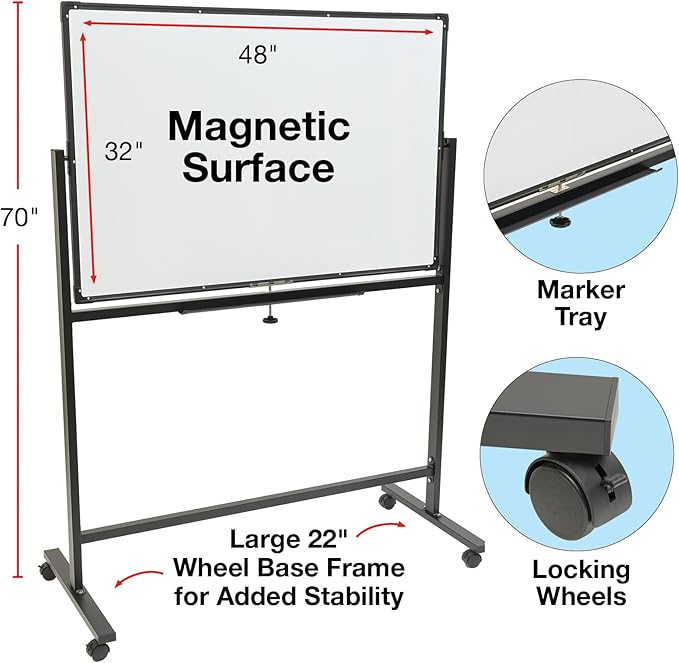 Excello Global Products Large 48"x32" White Board on Wheels: 1 Reversible Magnetic Dry Erase Board with Rolling Stand, 4 Dry Erase Markers, 1 Eraser, 4 Magnets, 1 Marker Tray (Black)