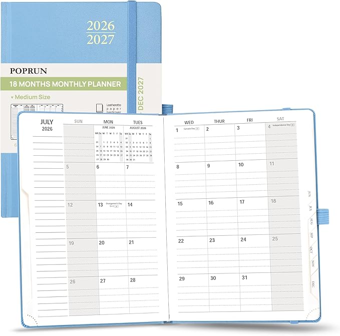 POPRUN Monthly Planner 2026-2027, 6.25" x 8.5", 18 Month (Jul 2026 - Dec 2027) Calendar Book, Academic Calendar Planner with Monthly Tabs, Inner Pocket, Hard Cover, 100GSM Paper - Haze Blue