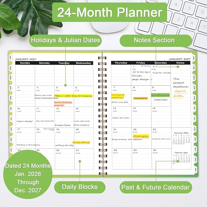 Ymumuda 2026 Planner-2 Year Monthly Planner 2026-2027, JAN.2026 - DEC.2027, 8.5" x 11" Large Daily Planner with Spiral Bound, 24 Months Calendar Planner for School Office Work Teacher
