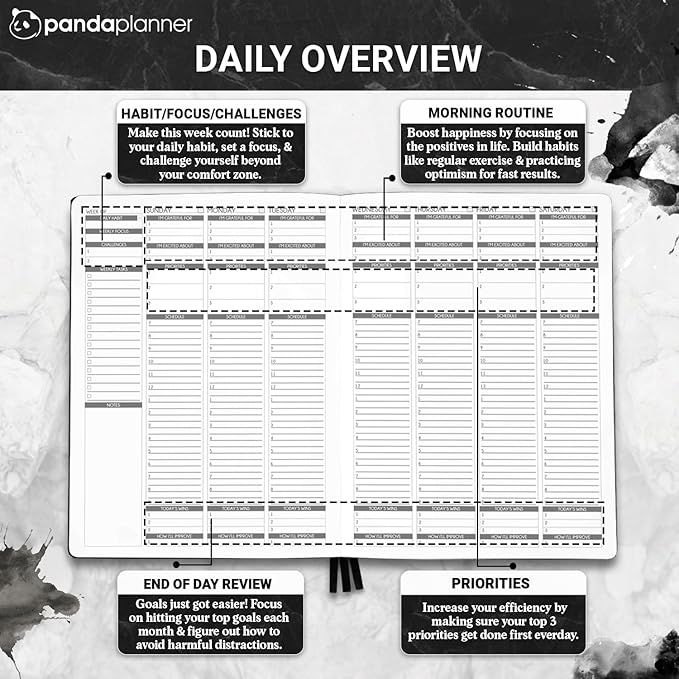 Panda Planner Weekly 2026, Undated Weekly Planner for Office, School & Home – 8"x11" Soft Vegan Leather Organizer Notebook with To-Do Lists, Habit Tracker, Notes & Agenda – Black