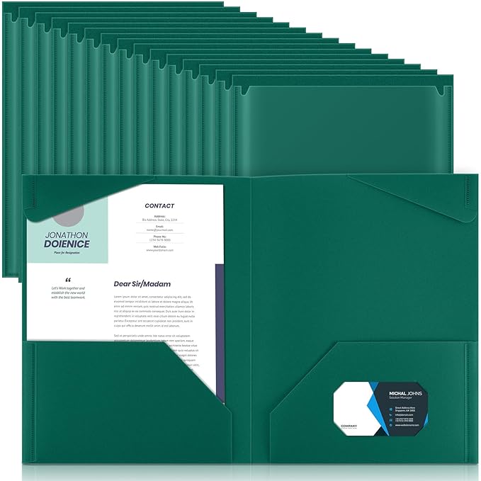 Henoyso 36 Pack Forest Green Plastic Folders with Clear Front Pockets Heavy Duty File Folders with 2 Pockets and Card Slot for Student Communication School Office Presentation Report