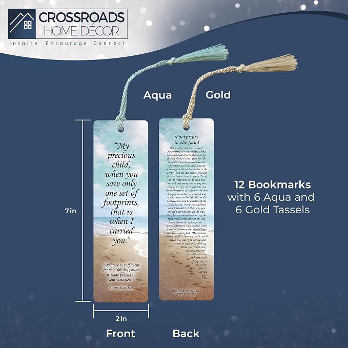 Footprints in The Sand Bookmark - 12 Pack, 2-Sided, Christian Inspirational Bible Book Mark with Tassels, Bulk Religious Book Markers for Reading, 7.25"x2" (12 Bookmarks)