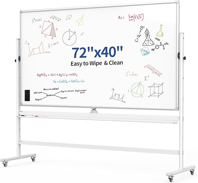 Large Double Sided Whiteboard 72x40 inches on Wheels, Height Adjustable Mobile Magnetic Dry Erase Board with Rolling Stand for Office Meetings, Classroom Teaching, Home, Silver Frame