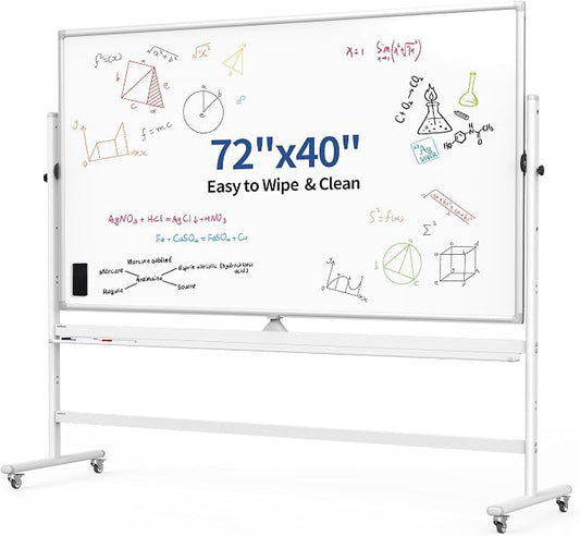 Large Double Sided Whiteboard 72x40 inches on Wheels, Height Adjustable Mobile Magnetic Dry Erase Board with Rolling Stand for Office Meetings, Classroom Teaching, Home, Silver Frame