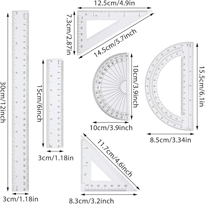 6 pcs Clear Ruler Protractor Rule Set, Includes 12 Inch 6 Inch Straight Ruler for Drawing, Triangle Rulers and Protractor Set, Math Geometry Tool, for School Office Home Supplies Measuring Tool