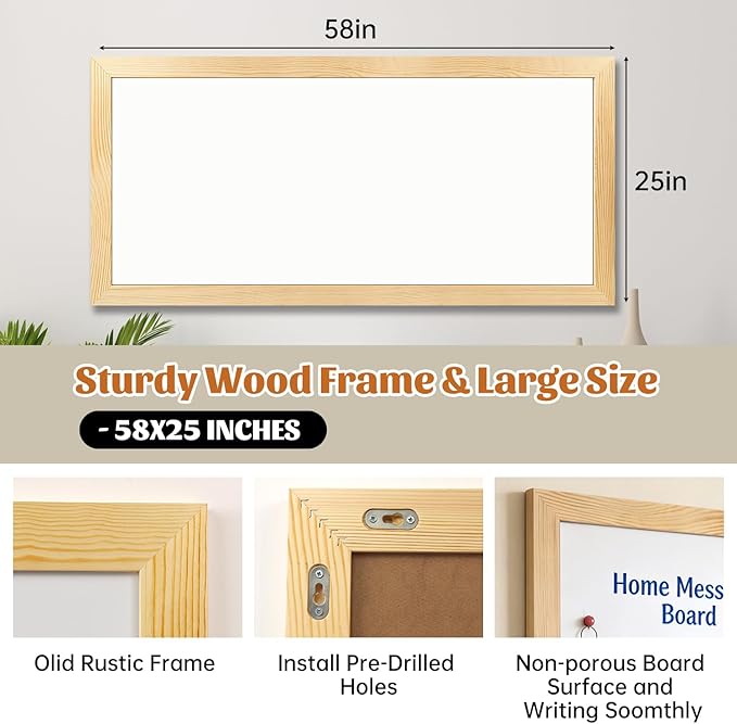 Large Magnetic Chalkboard for Wall, 58 x 25 Inch Solid Wood Framed Natural Whiteboard, Wall Mounted Chalk Board for Kitchen, Restaurant, Food Truck and Calendar Board