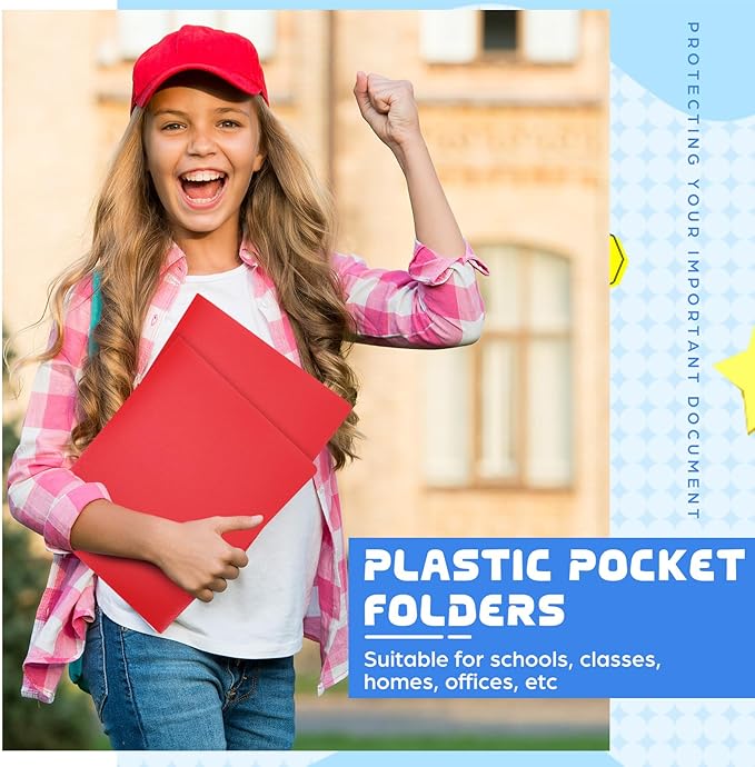 24 Pcs Red Heavy Duty Plastic Folders 2 Pocket File Folder Fit Letter Size for Home Office School Communication Presentation Report Sheet Protectors (Red)