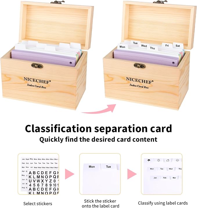Index Card Holder 4x6, Wooden Recipe Box with 300 PCS Flash Cards Card Organizer,12 White Dividers, 6 Metal Rings, 2 Sticker, for Office, Business, Flashcard Notecard Holders for Home Office