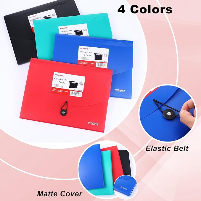 4 Pack 7-Pocket Plastic Accordion File Organizer, Expanding File Folder Expandable Document Holder with Index Tabs, A4|Letter Size for Office School Home Travel Supplies, 4 Colors