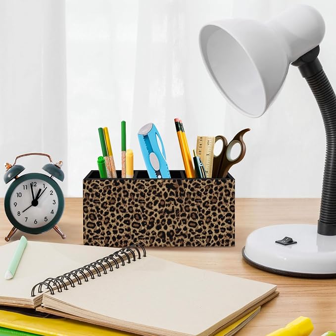 Trendy Retro Leopard Print Pen Pencil Holder for Desk, Funky Cheetah Wooden Box Office Desk Accessories, Leopard Print Pen Holders Organizer for Women, Cheetah Room Decor