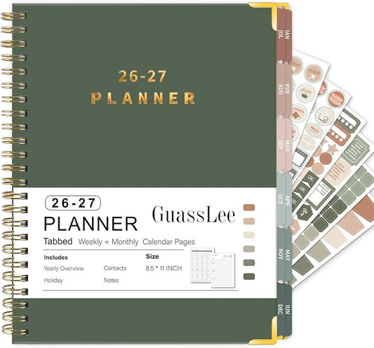 Large 2026-2027 Academic Planner - Hardcover Daily Planner from Jul. 2026-Jun. 2027 - A4 Weekly & Monthly Calendar Agenda Organizer Book with Stickers, Back Pocket, Coated Tabs - 8.5"x 11", Dark Green