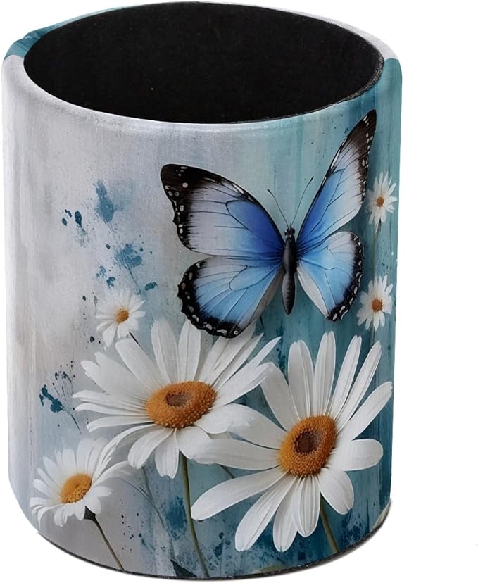 Rural Daisy and Butterfly Leather Pen Holder for Desk, Multifunctional Desktop Organizer Pencil Cup, Desktop Caddy Stationery Organizer for School Home Office Desk Accessories