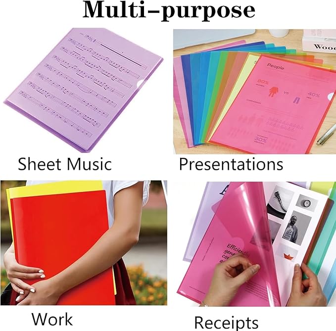25 Pack L-Type Clear Plastic Folder A4 Letter Size Plastic Document Folder Project Pockets for School Office, 5 Colors