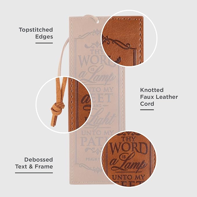 Christian Art Gifts Vegan Faux Leather Scripture Bookmark for Men & Women: Thy Word is A Lamp - Psalm 119:105 Inspirational Bible Verse, Heat-Debossed, Faith-Based Reading Accessory with Cord, Brown