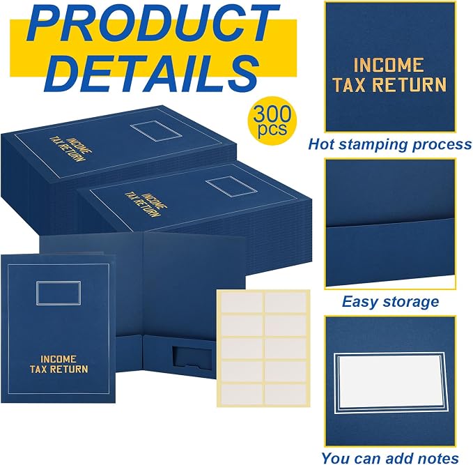 Kisston 300 Pcs Tax Return Folders Bulk 2 Pocket Gold Foil Stamped Income Tax Folders with Labels Business File Office Organizer (Blue)