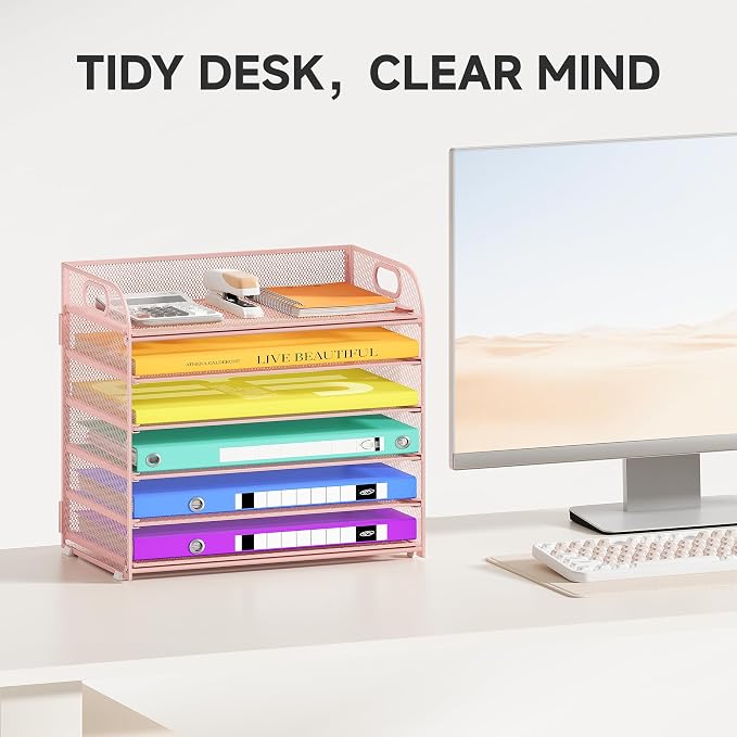 Cawukege 6 Tier Paper Organizer, Pink Letter Tray with Handle, Mesh Desk Organizer, Metal File Organizer, Office Desk Accessories for Home, Office, Classroom, School