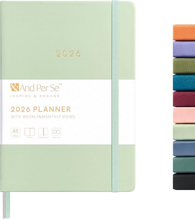 And Per Se 2026 Planner-Daily, Weekly & Monthly Leather Hardcover Planner, 5.7" x 8", Daily Schedule, 100 GSM Thick Paper, Back Pocket(Mint)