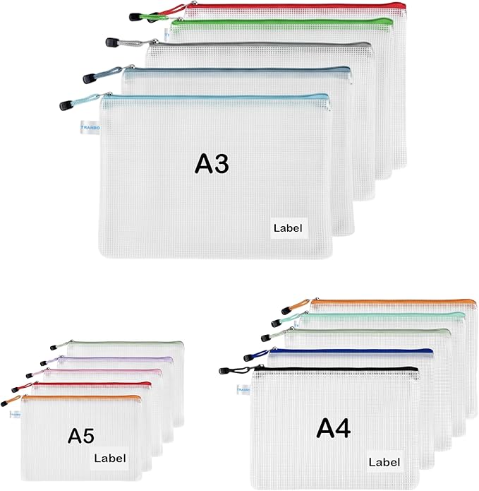 TRANBO 12-Pack 3-Size Mix Mesh Zipper Pouches, Plastic A3/A4/A5 Zip-lock Bag with Label Pocket