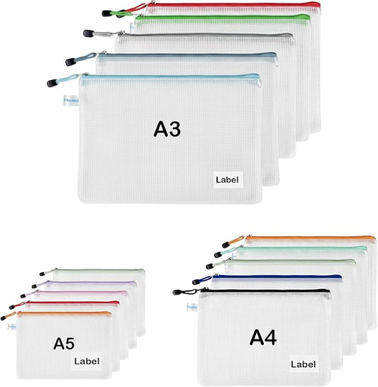 12-Pack 3-Size Mix Mesh Zipper Pouches, Plastic A3/A4/A5 Zip-lock Bag with Label Pocket