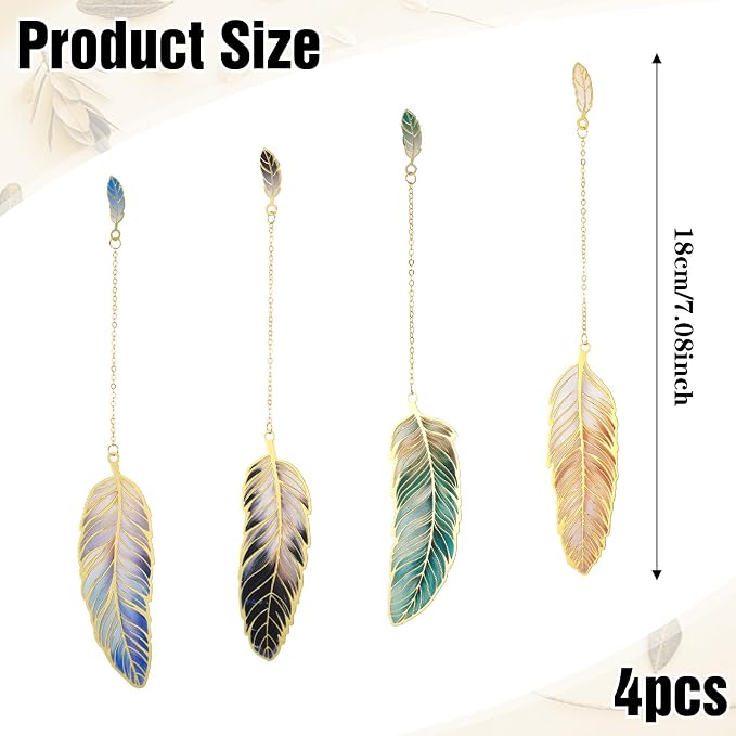 4pcs Metal Bookmarks with Chain Lotus Leaf Bookmark Birthday Gifts Teacher Christmas Gifts Unique Plant Gifts Literary Accessory Appreciation Stuffers for Women Grils Readers (Metal Feather)