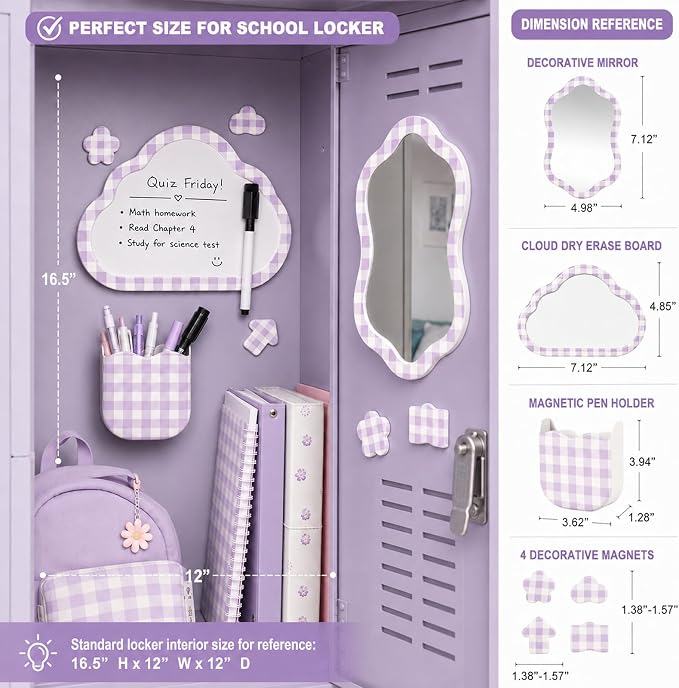 Svartur Magnetic Locker Accessories Set - Locker Mirror, Dry Erase Whiteboard, Magnetic Pen Holder & Cute Magnets, Aesthetic School Locker Decor for Girls, Locker Organizer Kit, Purple