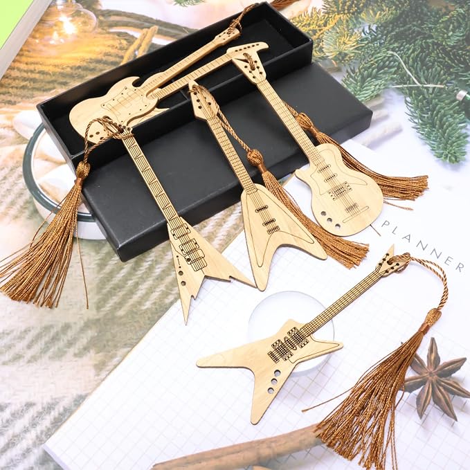 yueton 6PCS Creative Vintage Style Bookmarks Guitar Bass Musical Instruments Bamboo Bookmark with Beautiful Tassels for Office, School, Home, Library and Bookstore Use - with a Gift Box