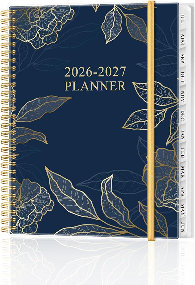 Academic Planner 2026-2027 - Weekly & Monthly Planner from July 2026 to June 2027, Agenda 2026 2027 with Inner Pocket, Elastic Band, 8.5" x 11", Blue Gold Leaf