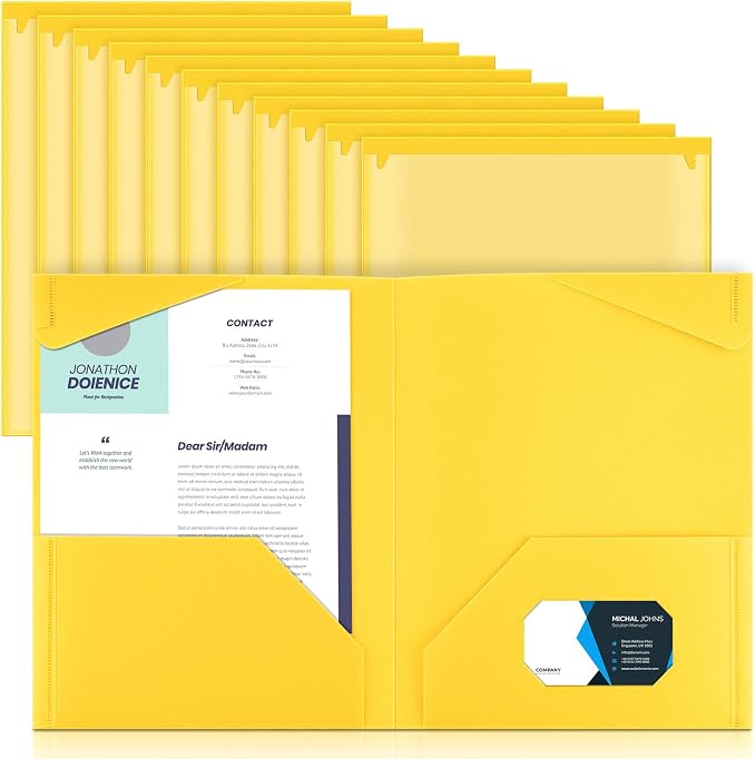 Henoyso 18 Pack Yellow Plastic Folders with Clear Front Pockets Heavy Duty File Folders with 2 Pockets and Card Slot for Student Communication School Office Presentation Report