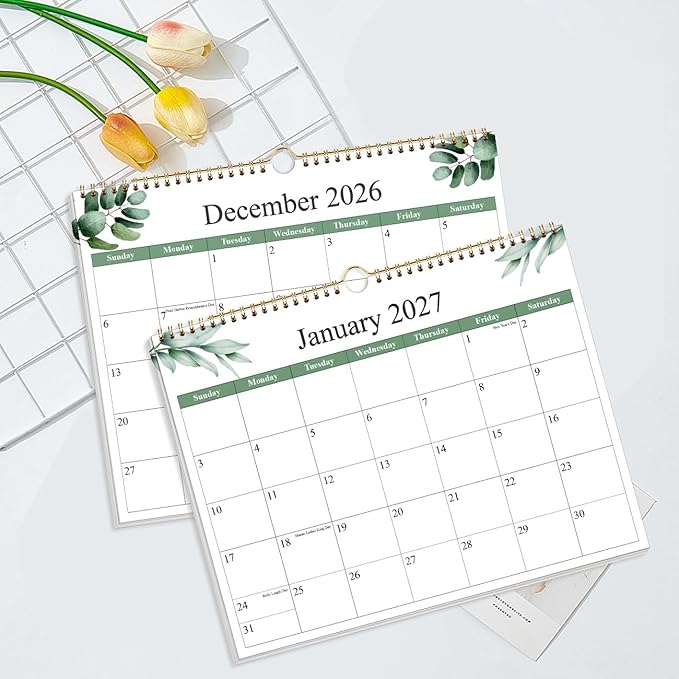 2026-2027 Calendar - Calendar 2026-2027 from June 2026 - December 2027, 19 Months Calendar with Premium Paper, Twin-Wire Binding & Hanging Hook, 12" x 14.5", Green Leaf