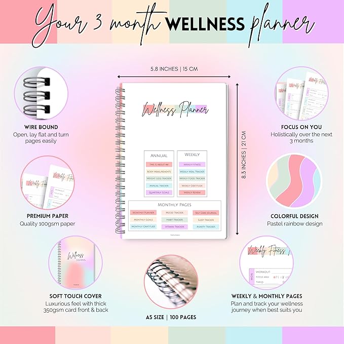 Wellness Journal - 90 Day Health, Fitness, Gratitude, Mindfullness, Wellbeing, Habit, Goals, Diet & Food Tracker - A5 (Pastel Rainbow)