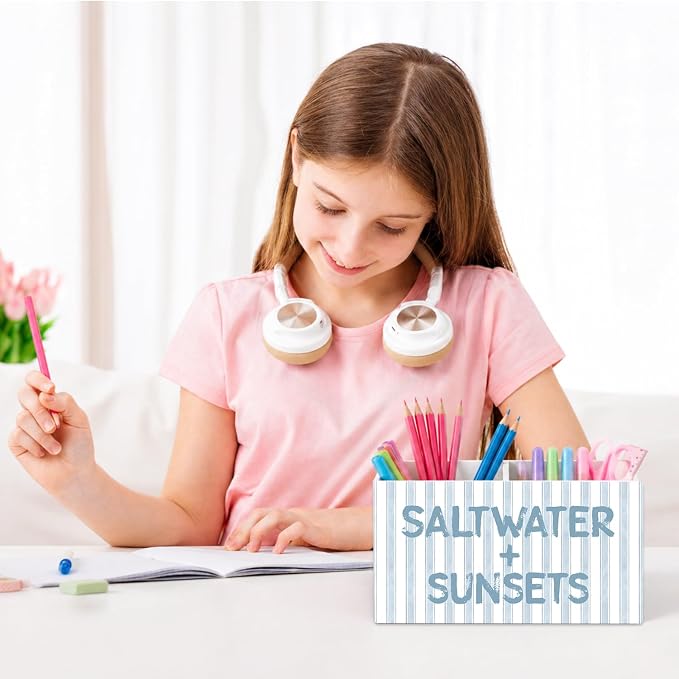 Blue Coastal Beach Pen Pencil Holder for Desk Accessories Coastal Beach Office Decor, Saltwater and Sunsets Decorative for Home Bedroom Office Desk Tabletop