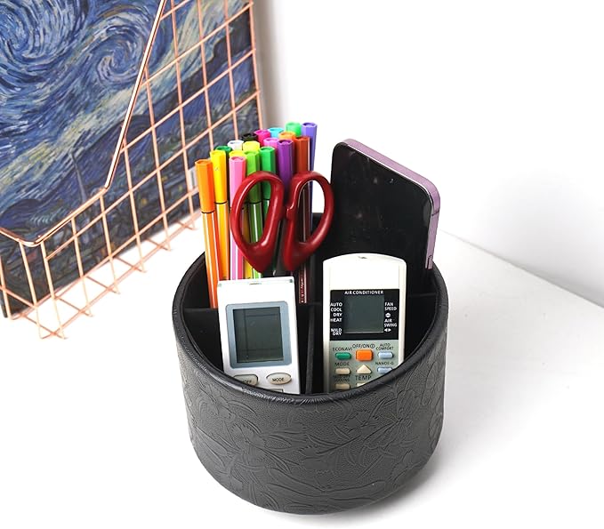 Round Leather Art Supply Organizer,Remote Control Holder,360-degree Rotating Pen Organizer with 4 Compartments(1-Butterfly Black)