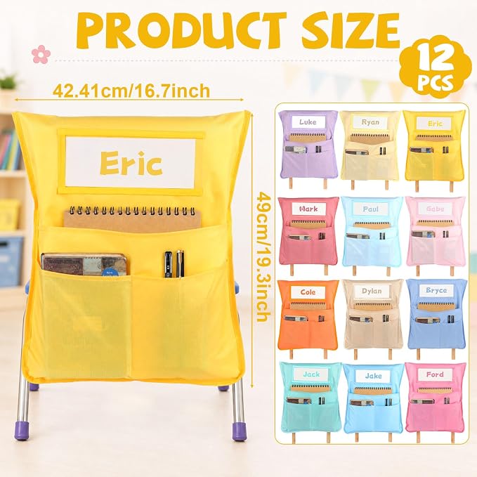 12pcs for Classroom 16.3x19.7inch Classroom Chair Pockets with Name Tag 3 Pockets Chair Organizer for Teacher Student School Office(Pink Purple)