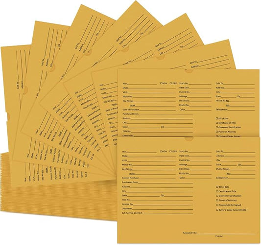 Watersay 120 Pcs 9 x 12 In Vehicle Dealer Jackets for Car Sales 32lb Colored Printed Deal Envelopes Dealership Supplies File Jackets Automotive Folders for Car Dealerships (Classic,Cowhide Yellow)