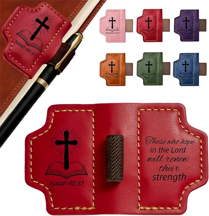 MOTEERLLU Bygone Mark Personalized Magnetic Leather Bookmark Pen Holder, Christian Gifts, Inspirational Bible Book Marks for Reading Women, Men, Teachers, Book Lover(Red Isaiah 40:31)