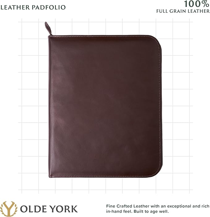 OLDE YORK Leather Padfolio — Leather Binder Portfolio for Men, Padfolio for Men & Women — 100% Authentic Top-Grain Leather (Dark Brown)