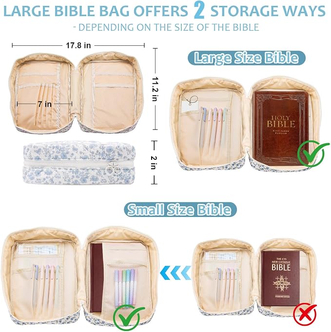 Bible Cover Case For Women,Large Bible Bag with Study Supplies,Quilted Bible Carrying Case for Girls,Portable Bible Case with Highlighter, Pens,Tabs,Bible Study Gifts for Women